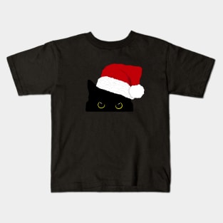 Peeking black kitty with Santa hat Kids T-Shirt